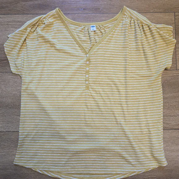OLD NAVY Loose V-Neck Linen-Blend Henley T- Shirt Womens L Yellow White Striped - Picture 2 of 7